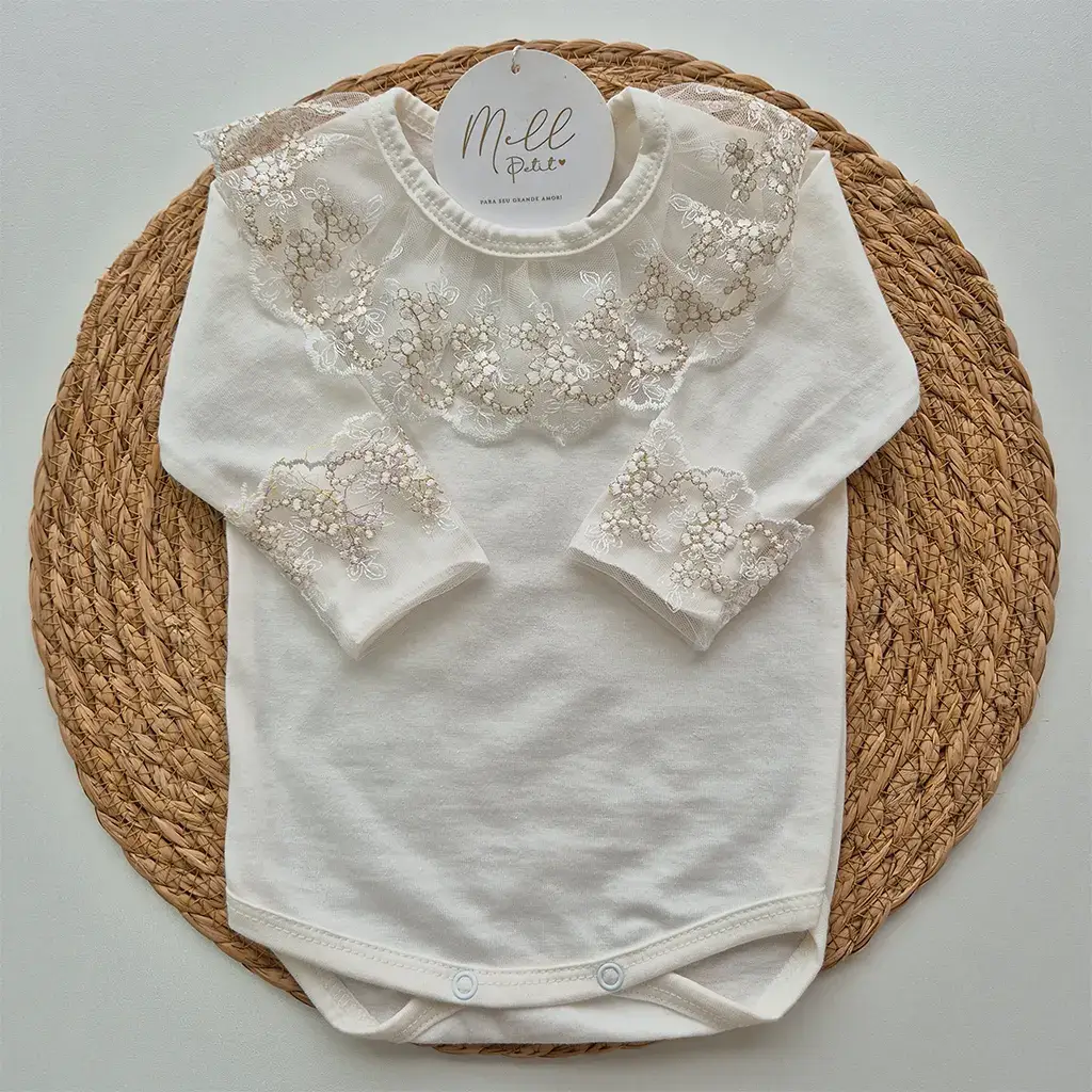 Body Florzinha gola e punhos renda dourada