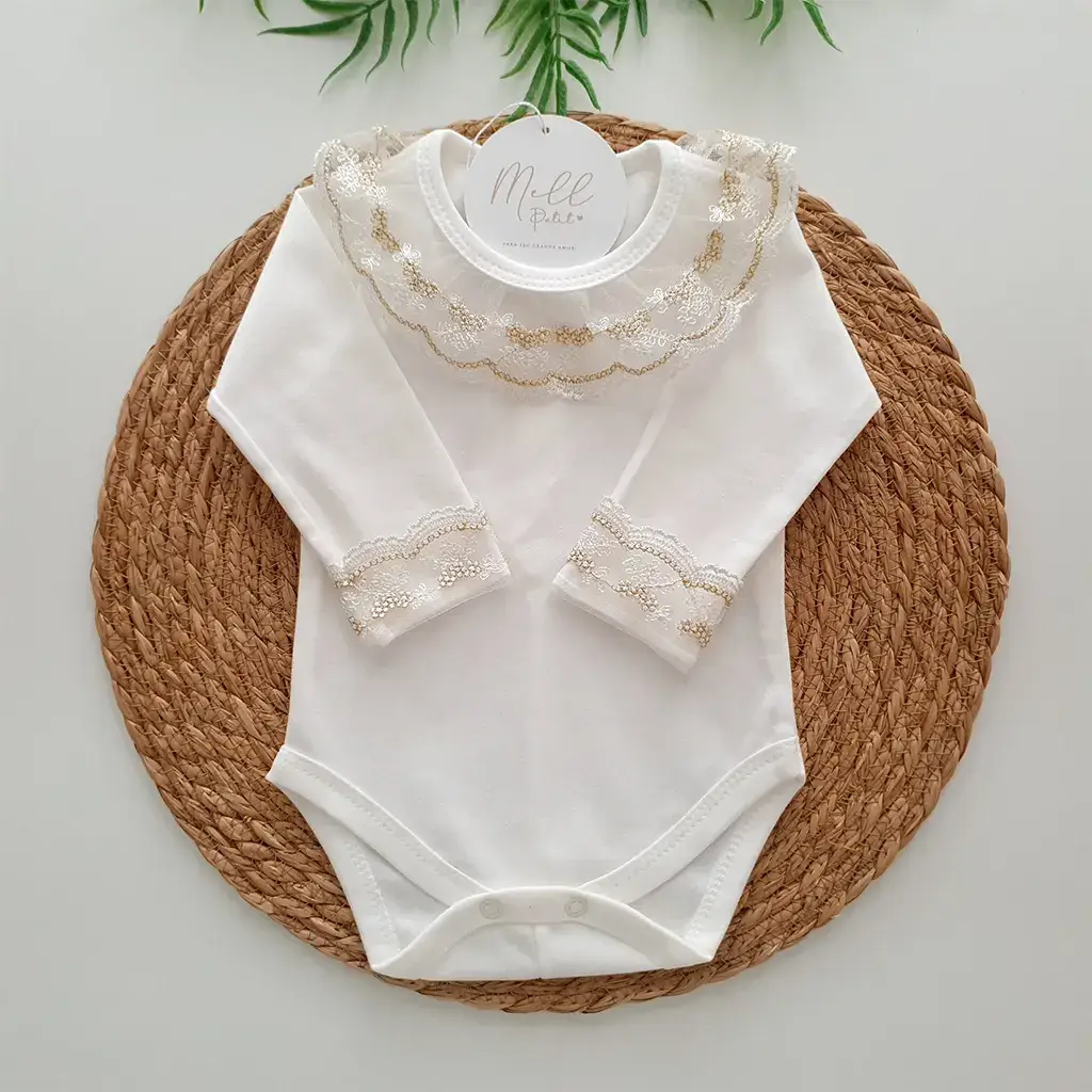 Body Gola e Punhos com Renda Dourada