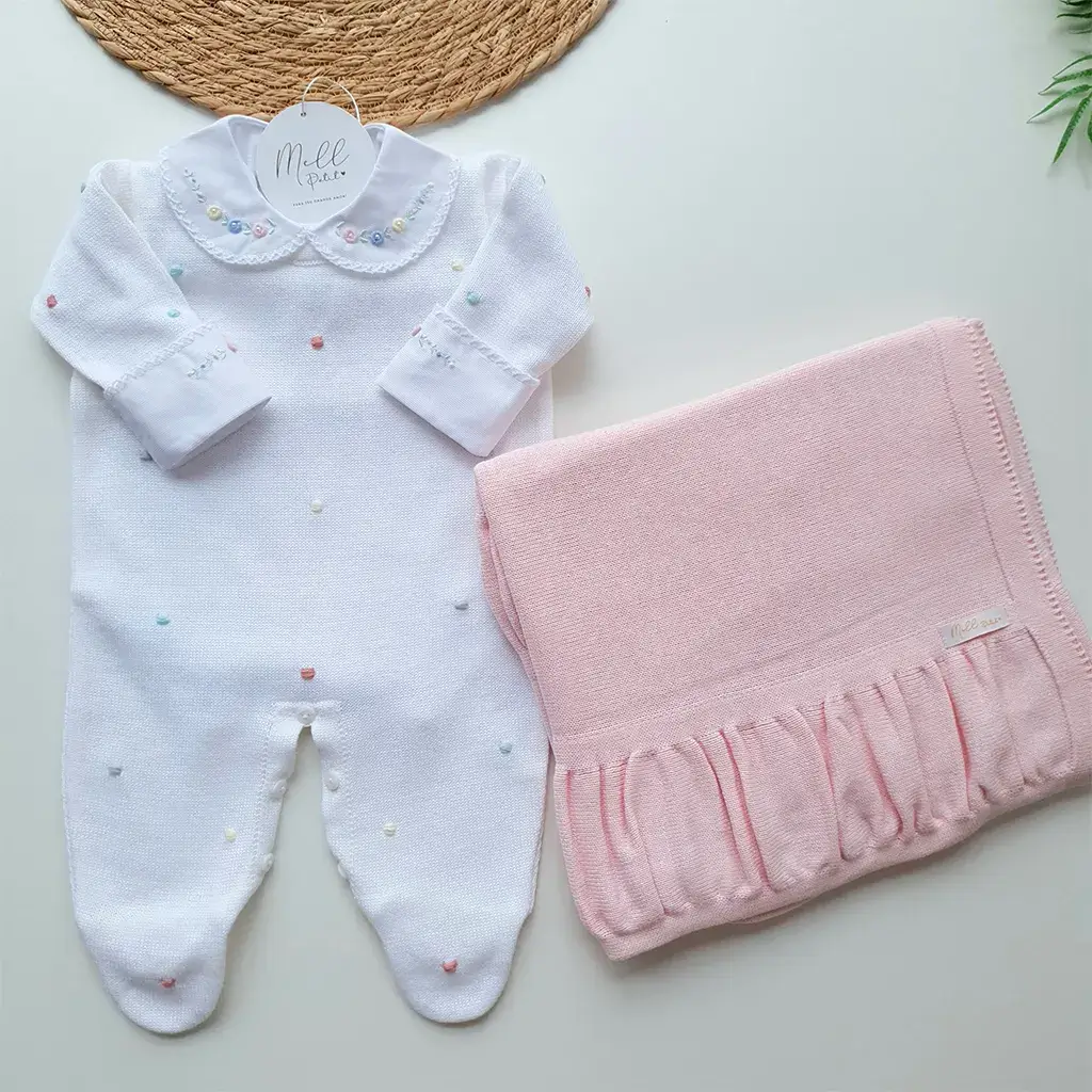 Kit Poá Relevo Colorido- Branco com Manta Drapeada Rosa